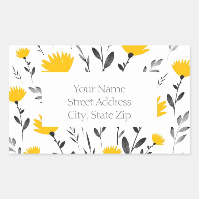 Sticker Rectangulaire Motif Floral Jaune Moderne, Gris (Devant)