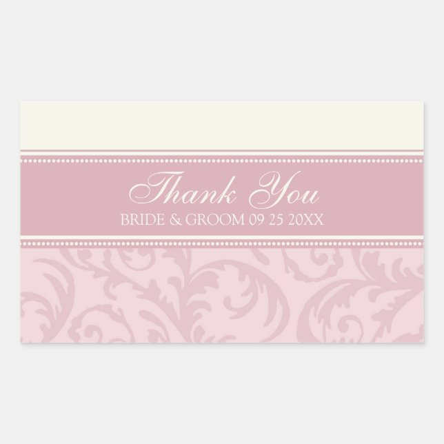 Sticker Rectangulaire Mots clés de mariage crème et Merci rose Favor (Devant)
