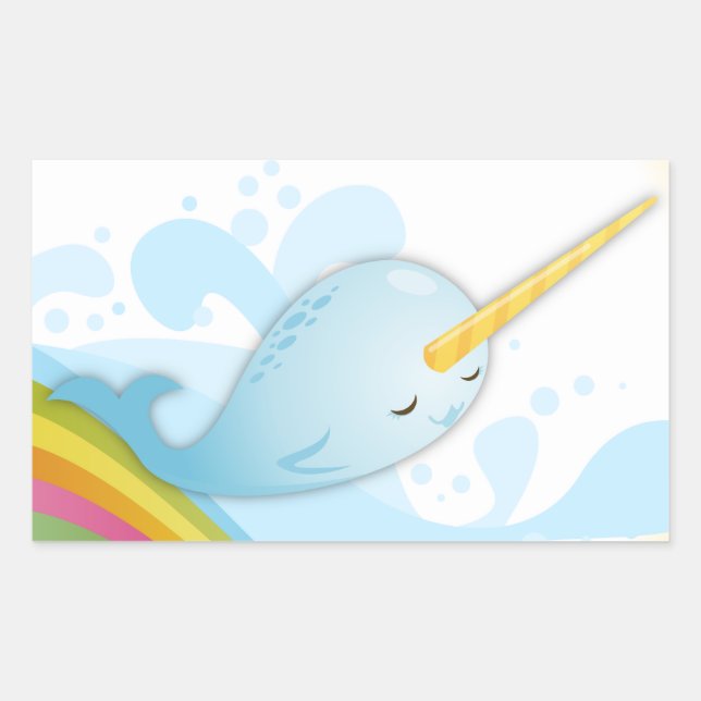 Sticker Rectangulaire Narwhals nagent sur Rainbows (Devant)
