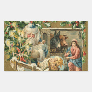 Sticker Rectangulaire Nativité de Noël Vintage père Noël