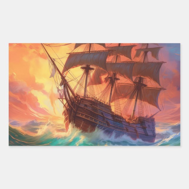 Sticker Rectangulaire Navire À Voile Sur Une Mer Tempérée (Devant)