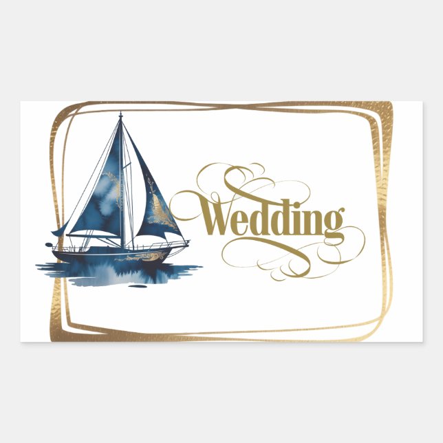 Sticker Rectangulaire Navy and Gold Nautical Boat Gold Frame Wedding (Devant)