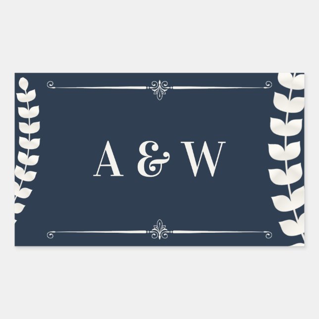 Sticker Rectangulaire Navy Blue and Ivory Elegant Laurel Monogram Weddin (Devant)
