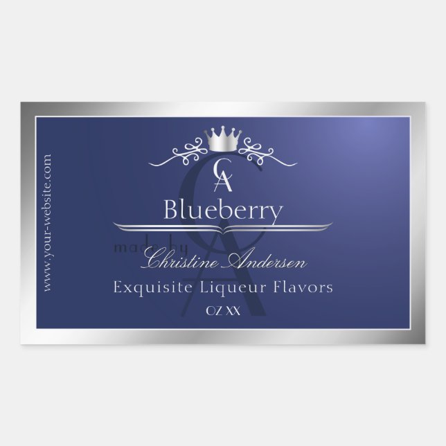 Sticker Rectangulaire Navy Blue Product Label with Silver Frame Monogram (Devant)