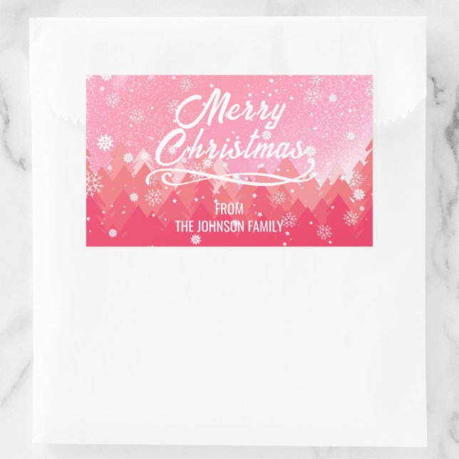 Sticker Rectangulaire Neige Blanche Rose Forêt Paisible Joyeux Noël (Sac)