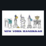 Sticker Rectangulaire New York City New York Joyeux Hanoukka Chanukah Ho<br><div class="desc">Il présente une illustration originale en stylo et en encre de divers monuments de New York "habillés" pour la saison des fêtes. Parfait pour Hanoukka ! Cette illustration de Chanukah est également disponible sur d'autres produits. Ne vois-tu pas ce que tu cherches ? Vous avez besoin d'aide pour la personnalisation...</div>