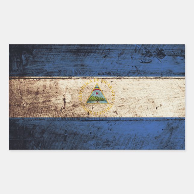 Sticker Rectangulaire Nicaragua Drapeau sur le vieux grain de bois (Devant)