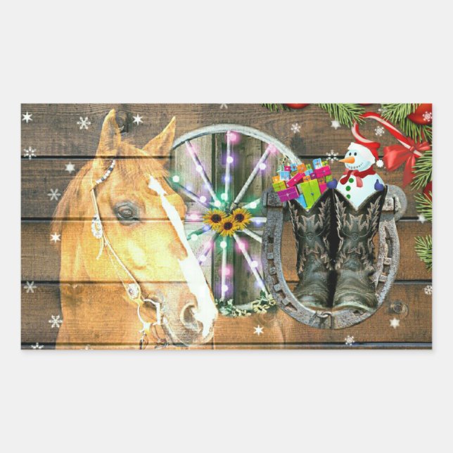 Sticker Rectangulaire Noël Cheval Wagon Roue Cowboy Bottes Garland (Devant)