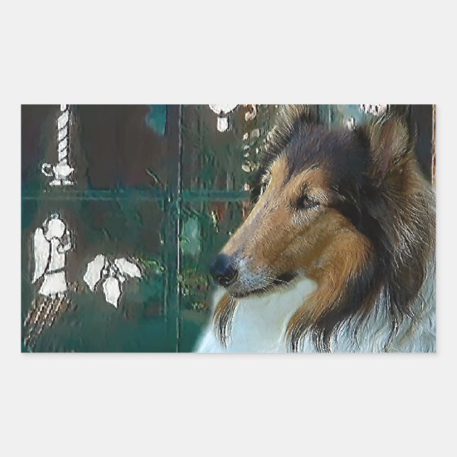 Sticker Rectangulaire Noël Collie à la fenêtre (Devant)
