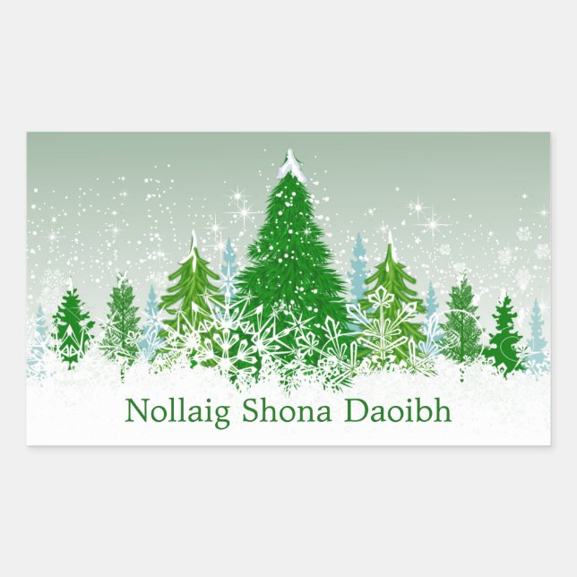 Sticker Rectangulaire Noël irlandais, sapins verts enneigés (Devant)