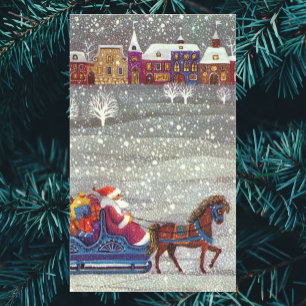 Sticker Rectangulaire Noël Vintage, Cheval du Père Noël