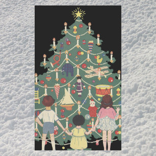 Sticker Rectangulaire Noël vintage Enfants autour d'un arbre décoré