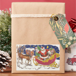 Sticker Rectangulaire Noël vintage, joyeux Père Noël avec traîneau