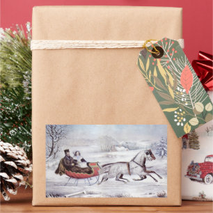 Sticker Rectangulaire Noël Vintage, La Route Hiver, Cheval Sleigh