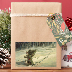 Sticker Rectangulaire Noël vintage, le Père Noël portant un arbre