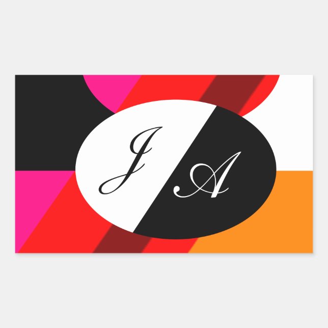 Sticker Rectangulaire Noir et blanc et rouge double monogrammé (Devant)