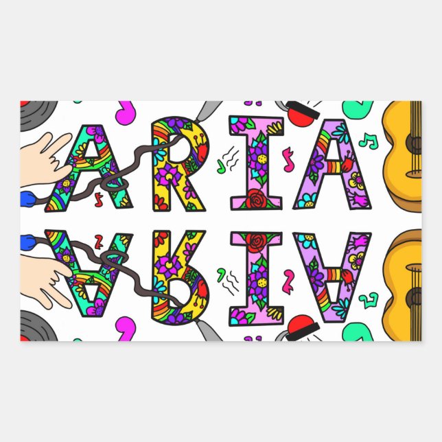 Sticker Rectangulaire Nom de la fille Aria, fleurs et musique (Devant)