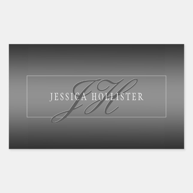 Sticker Rectangulaire Nom élégant et Initiales monogrammes | Noir et gri (Devant)