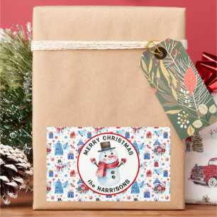 Sticker Rectangulaire Nom, Joyeux Noël, Motif de bonhomme de neige rétro