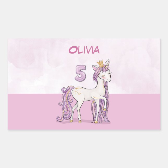 Sticker Rectangulaire Nom personnalisé 5e anniversaire Cheval rose avec  (Devant)