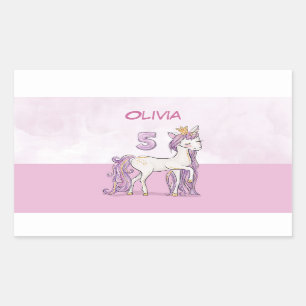 Sticker Rectangulaire Nom personnalisé 5e anniversaire Cheval rose avec 