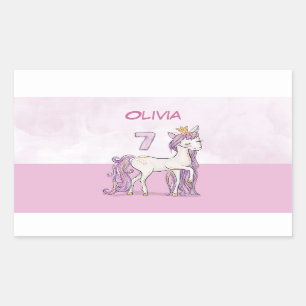 Sticker Rectangulaire Nom personnalisé 7e anniversaire Cheval rose avec 