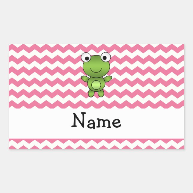 Sticker Rectangulaire Nom personnalisé grenouille chevrons blancs et ros (Devant)