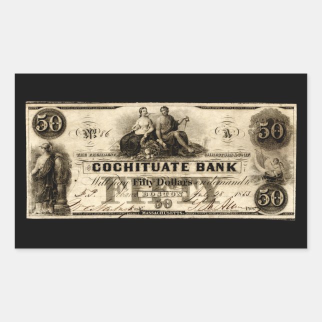 Sticker Rectangulaire Note de 50 dollars Cochituate 1853 (Devant)