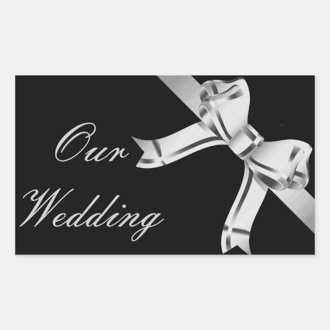Sticker Rectangulaire "Notre Mariage" - Bow argenté/gris et ruban[a2] (Devant)