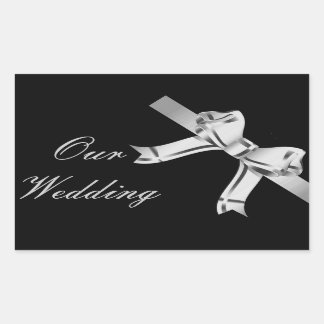 Sticker Rectangulaire "Notre Mariage" - Bow argenté/gris et ruban[a2]