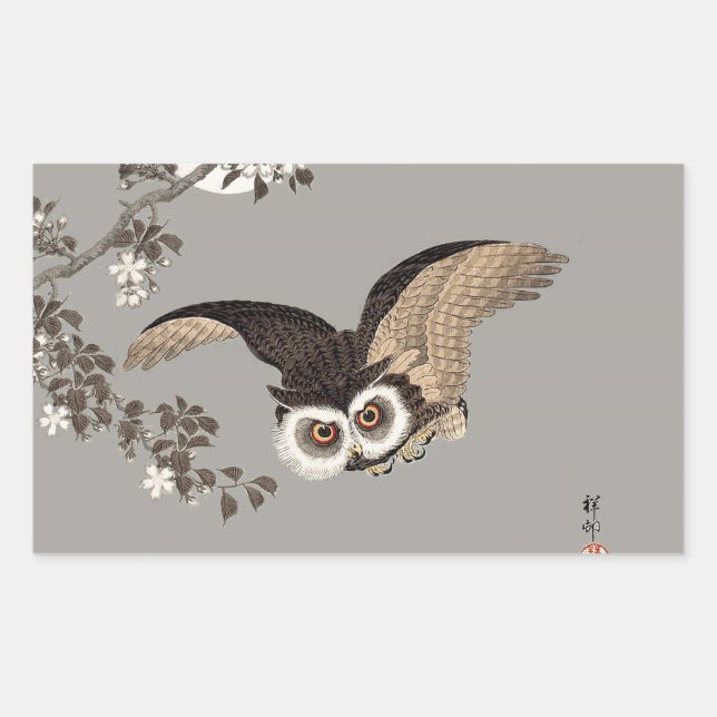 Sticker Rectangulaire Nuit Japonaise Chouette Lune Bois Coupe Flying Nig (Devant)
