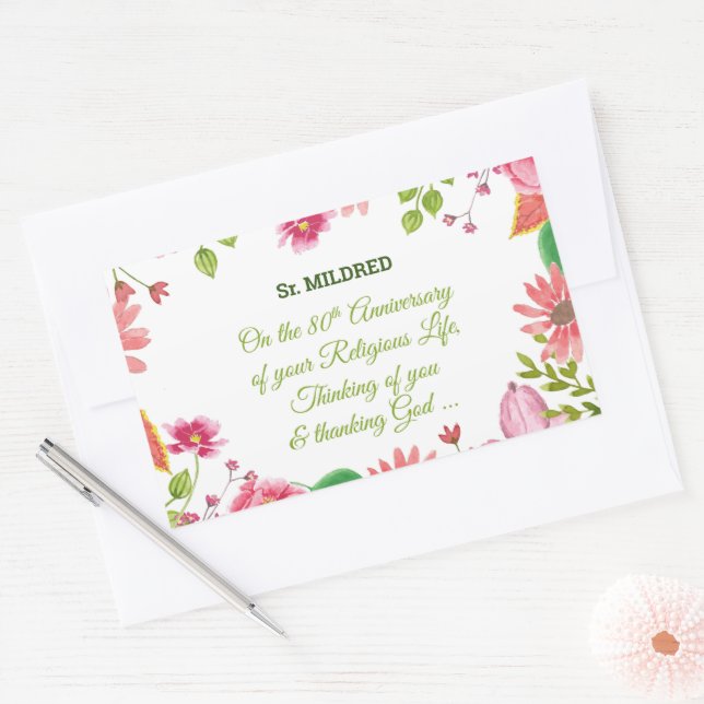 Sticker Rectangulaire Nun Religieux 80e Anniversaire Fleurs aquarelles (Enveloppe)