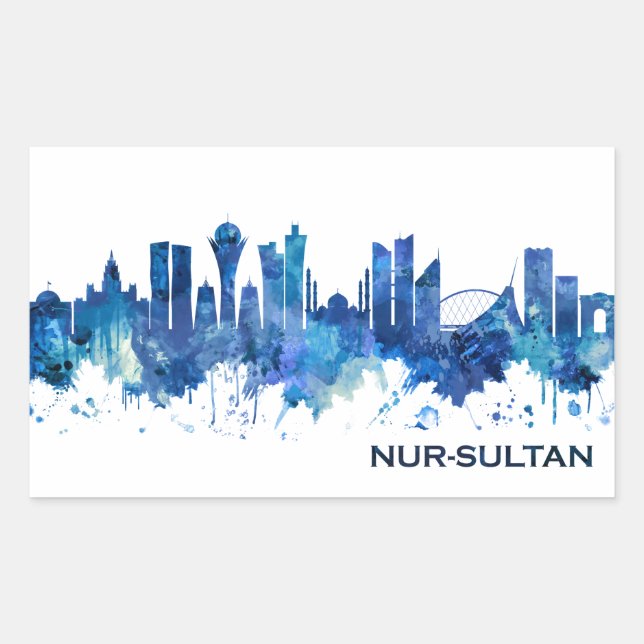 Sticker Rectangulaire Nur-Sultan Kazakhstan Skyline bleu (Devant)