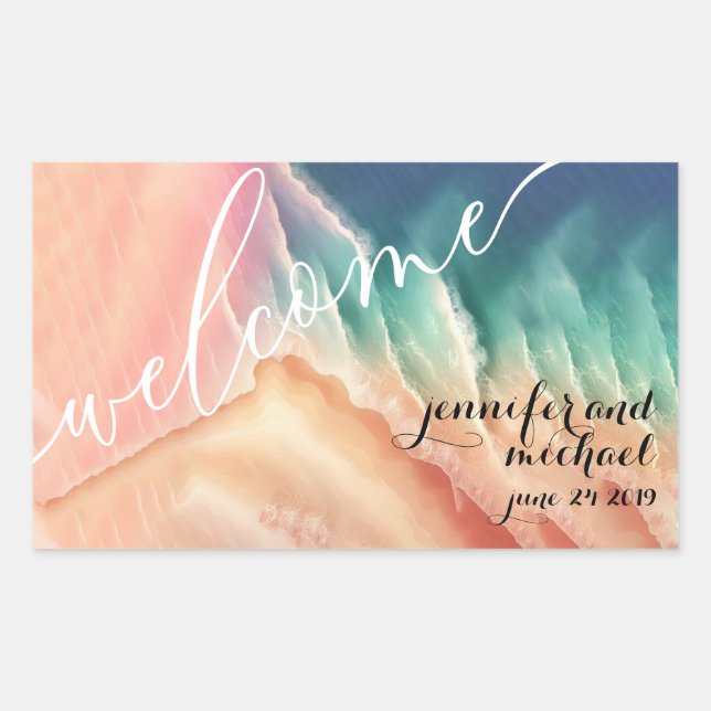 Sticker Rectangulaire Océan Vert Rose Plage Aquarelle Été Soleil (Devant)