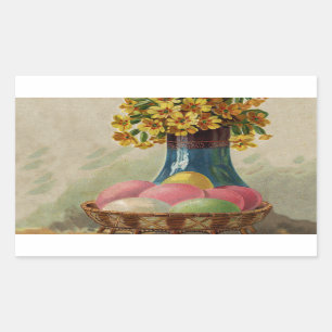 Sticker Rectangulaire Oeufs Pâques Panier Fleurs Antique