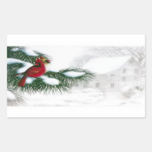 Sticker Rectangulaire Oiseaux cardinaux dans l'autocollant de neige