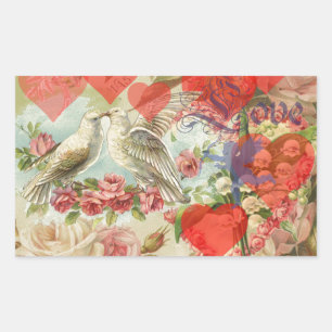 Sticker Rectangulaire Oiseaux de l'amour Vintage Antique Cœur
