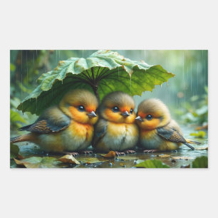 Sticker Rectangulaire Oiseaux mignons et duveteux sous la pluie