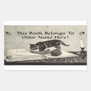 Sticker Rectangulaire Old Timey Kitten Tricot de chat Plaque de livre