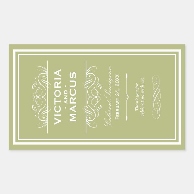 Sticker Rectangulaire Olive Green Mariage élégant Monogramme Bouteille d (Devant)