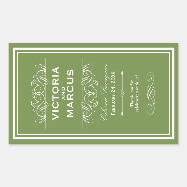 Sticker Rectangulaire Olive Mariage Vin Bouteille Monogramme Favoriser l (Devant)