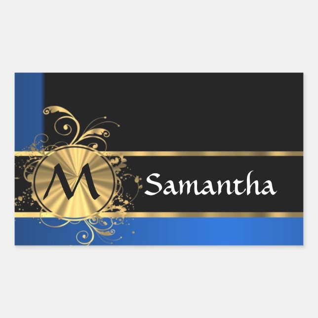 Sticker Rectangulaire Or bleu et monogramme noir (Devant)