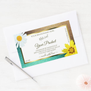 Sticker Rectangulaire Or floral et Parties scintillant Turquoise Étiquet