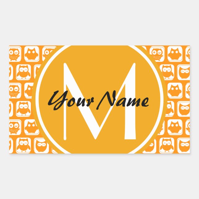 Sticker Rectangulaire Orange Owls Custom Monogramme (Devant)