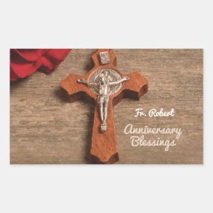 Sticker Rectangulaire Ordination du prêtre Anniversaire Rose rouge et Ro