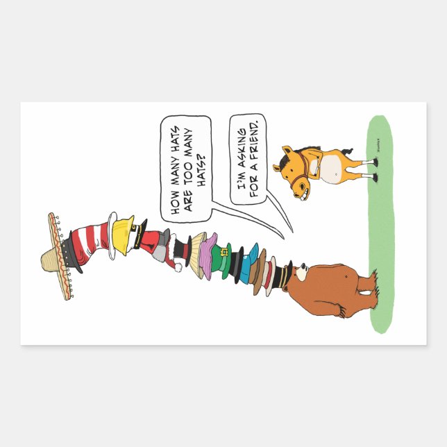 Sticker Rectangulaire Ours drôle Portant beaucoup de Casquettes (Devant)