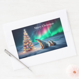 Sticker Rectangulaire Ours Polaire Maman Cubs Arbre de Noël Lumières du