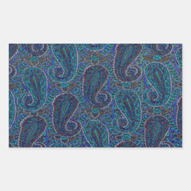Sticker Rectangulaire Paisley Bleu Indien Boho Classique Vintage (Devant)