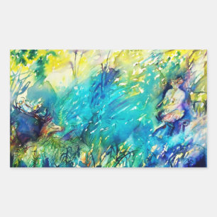 STICKER RECTANGULAIRE PAN JOUANT DE LA FLÛTE ET CERF DANS UN BOIS VERT