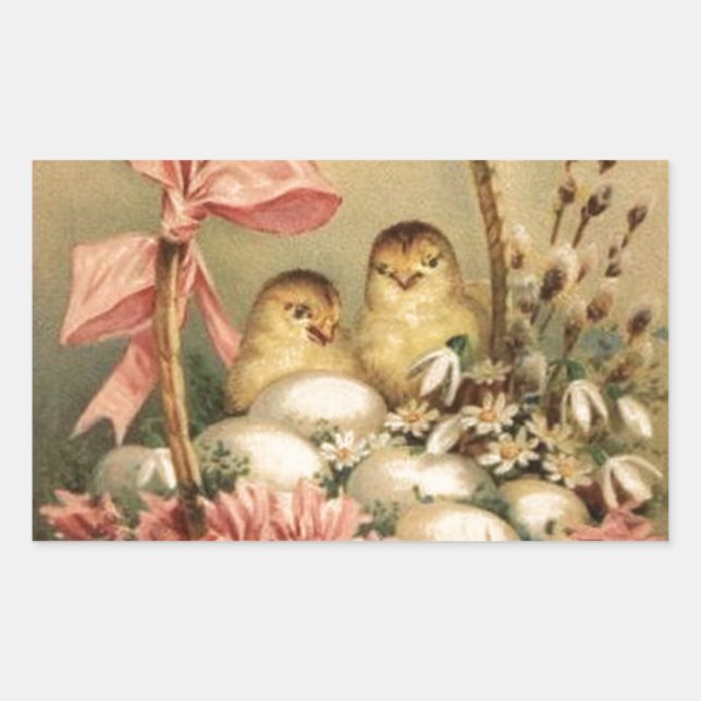 STICKER RECTANGULAIRE PANIER ÉLÉGANT, POULET, FLEURS ET OEUFS DE PÂQUES (Devant)
